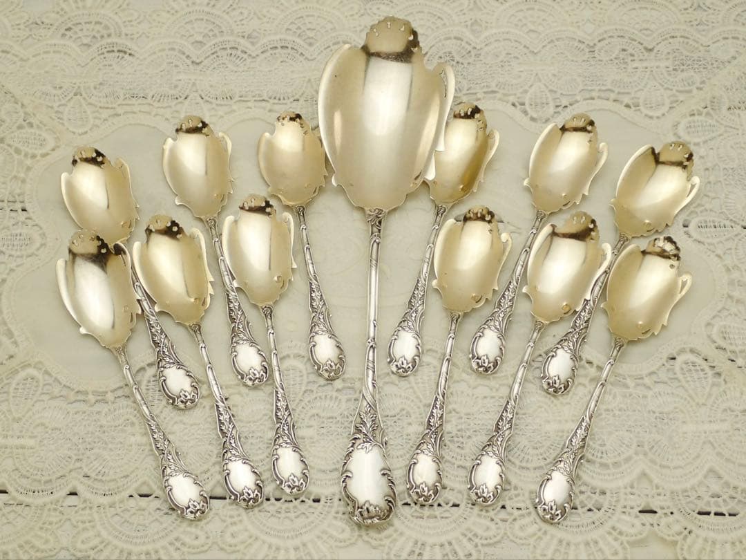 フランスアンティーク 純銀無垢製 アイスクリームスプーン12本とサーバーセット