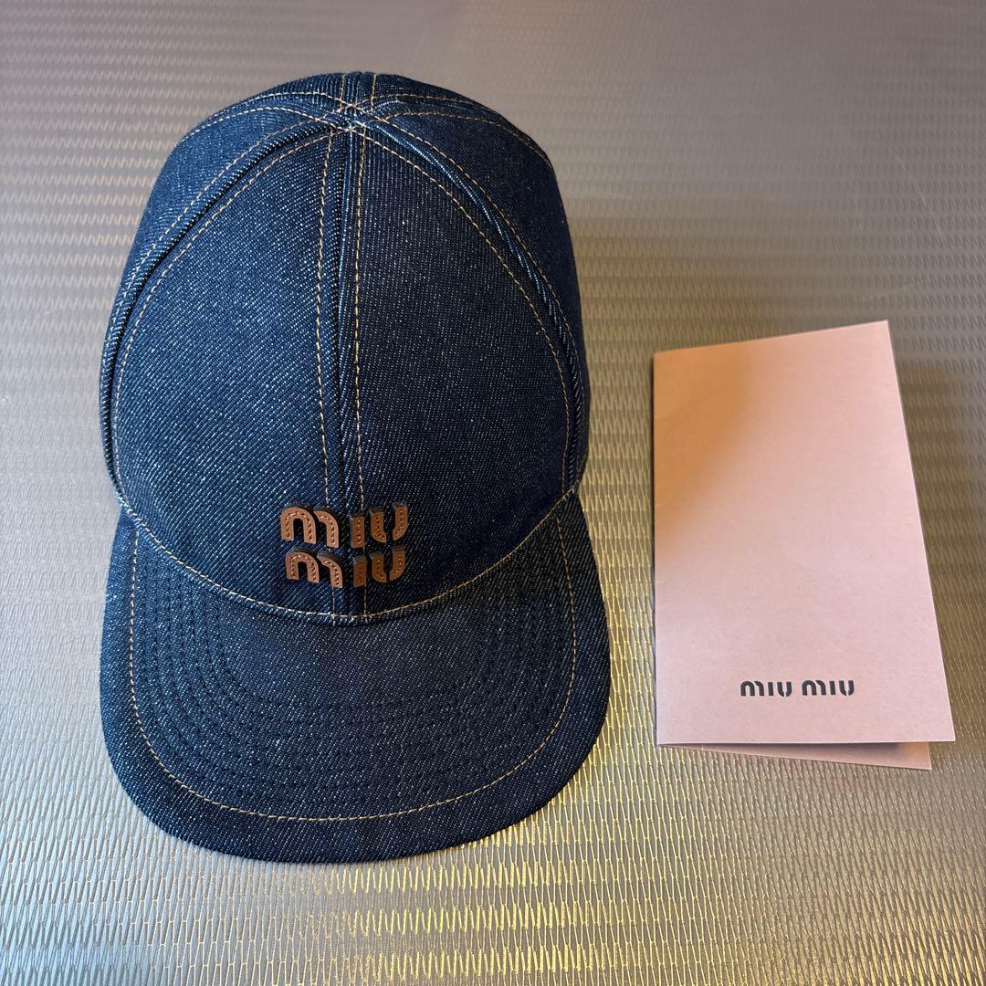 ミュウミュウ帽子　Mサイズ MIUMIU (ミュウミュウ) キャンバス レザーパイピング ロゴ バケット