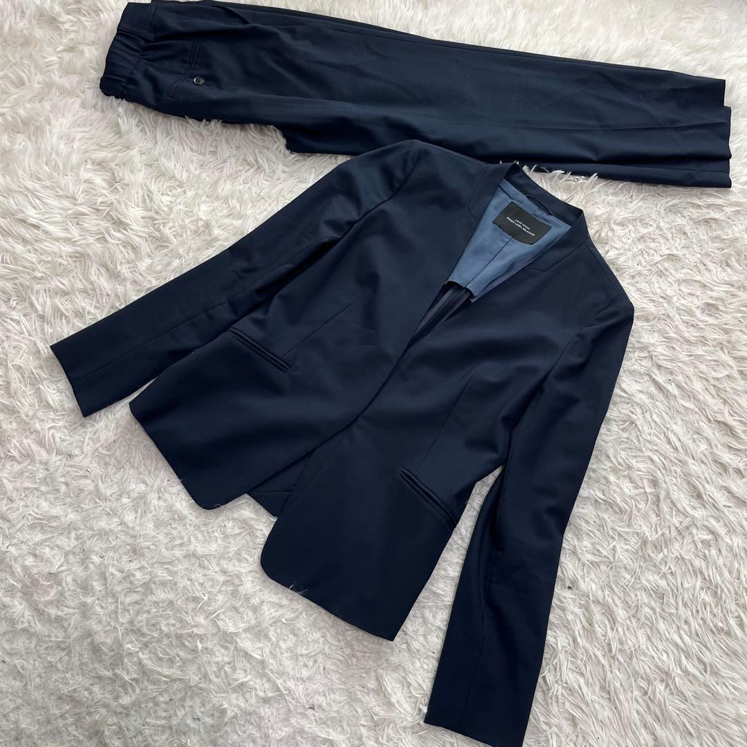 現行極美品　グリーンレーベルリラクシング　パンツスーツ　ノーカラー　ネイビー 056グリーンレーベルリラクシング手洗可ストレッチウールノーカラー