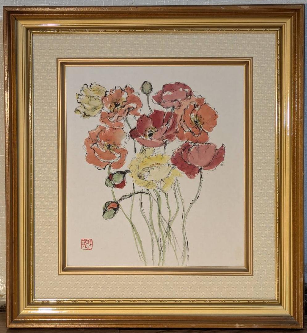 【真作】絵画　我妻英策　水彩（色紙）　ひなげし　揺れる花茎と可憐な彩り　Z96\