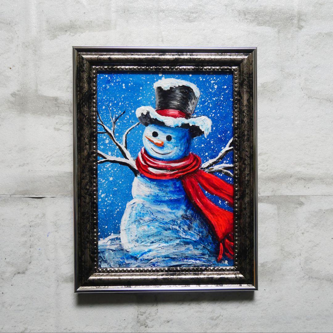 【赤いマフラーの雪だるま】絵画 油彩 油彩画 絵 油絵