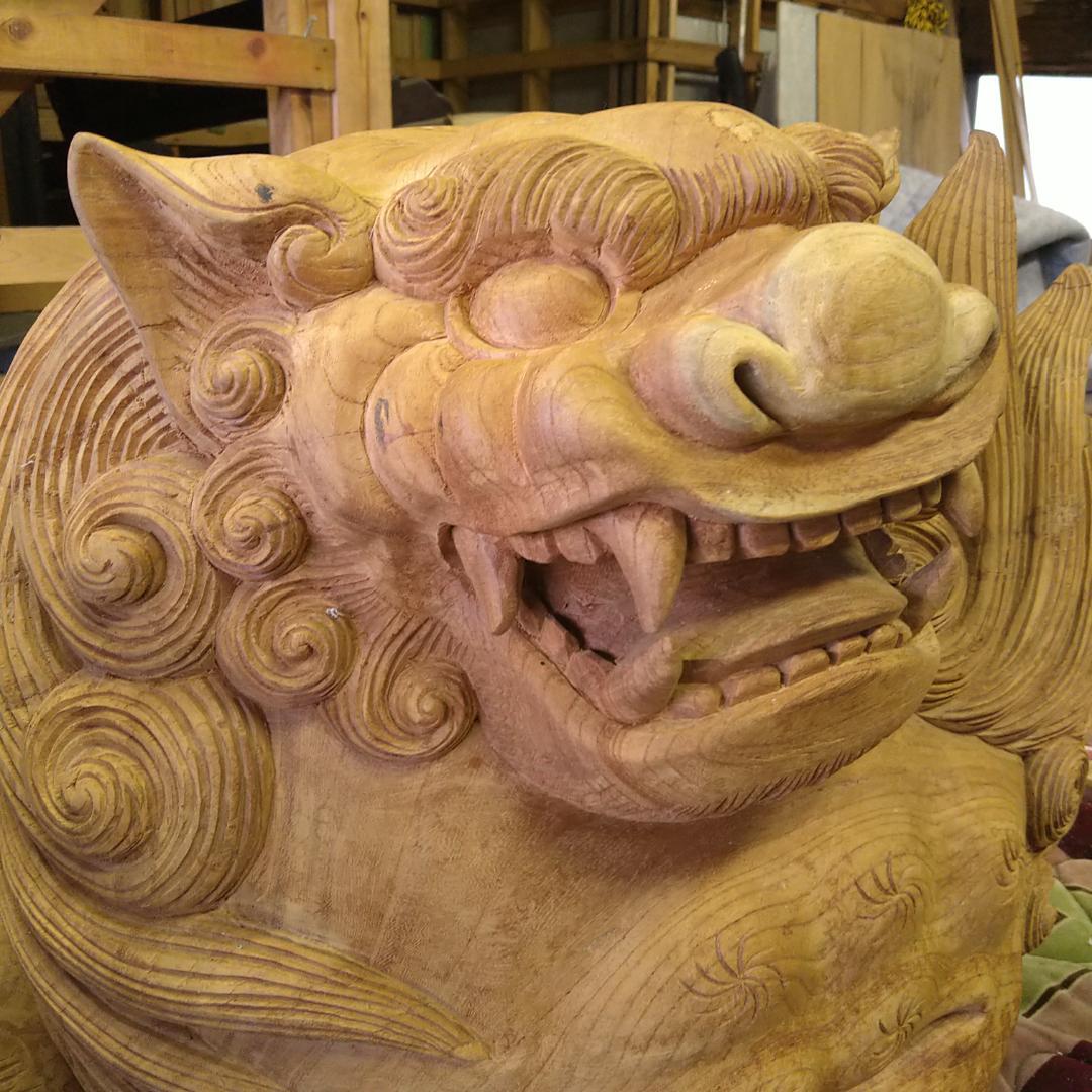 新品 未使用】獅子鼻 木鼻 シーサー 木彫り 手作り 高さ49cm 幅55cm