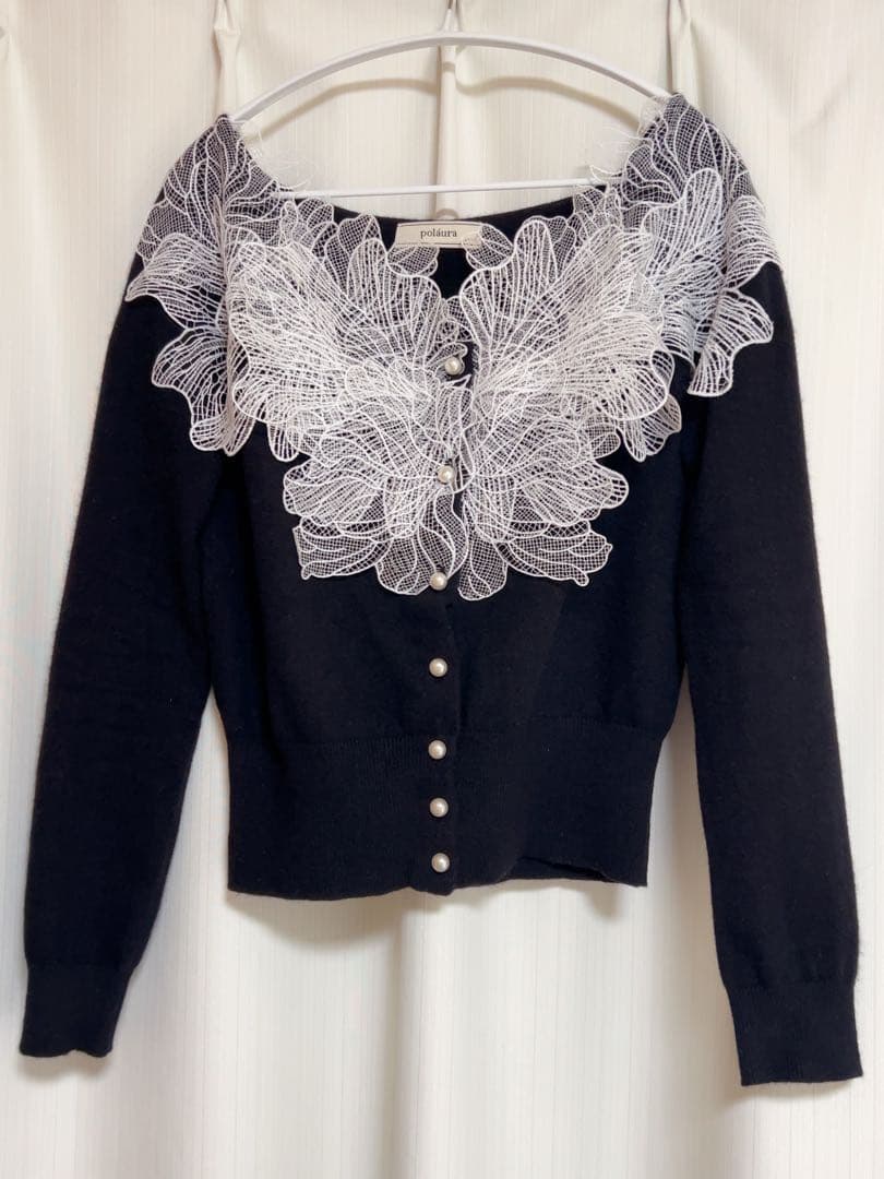 polaura ポローラ レースフリルカーディガン ブラック - メルカリ