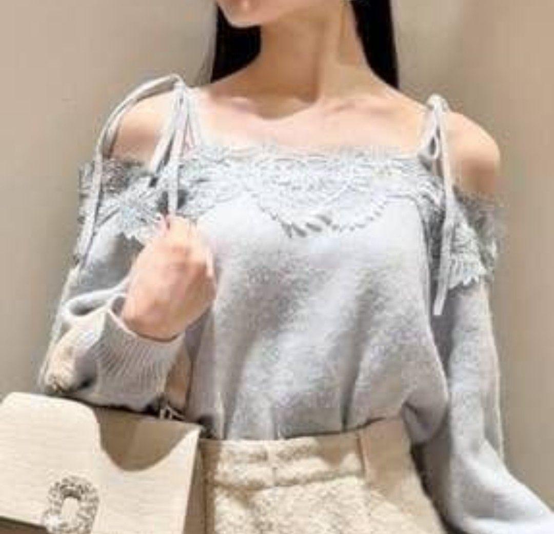 【美品】レーストリミングオフショルニットプルオーバー SNIDEL LBLU