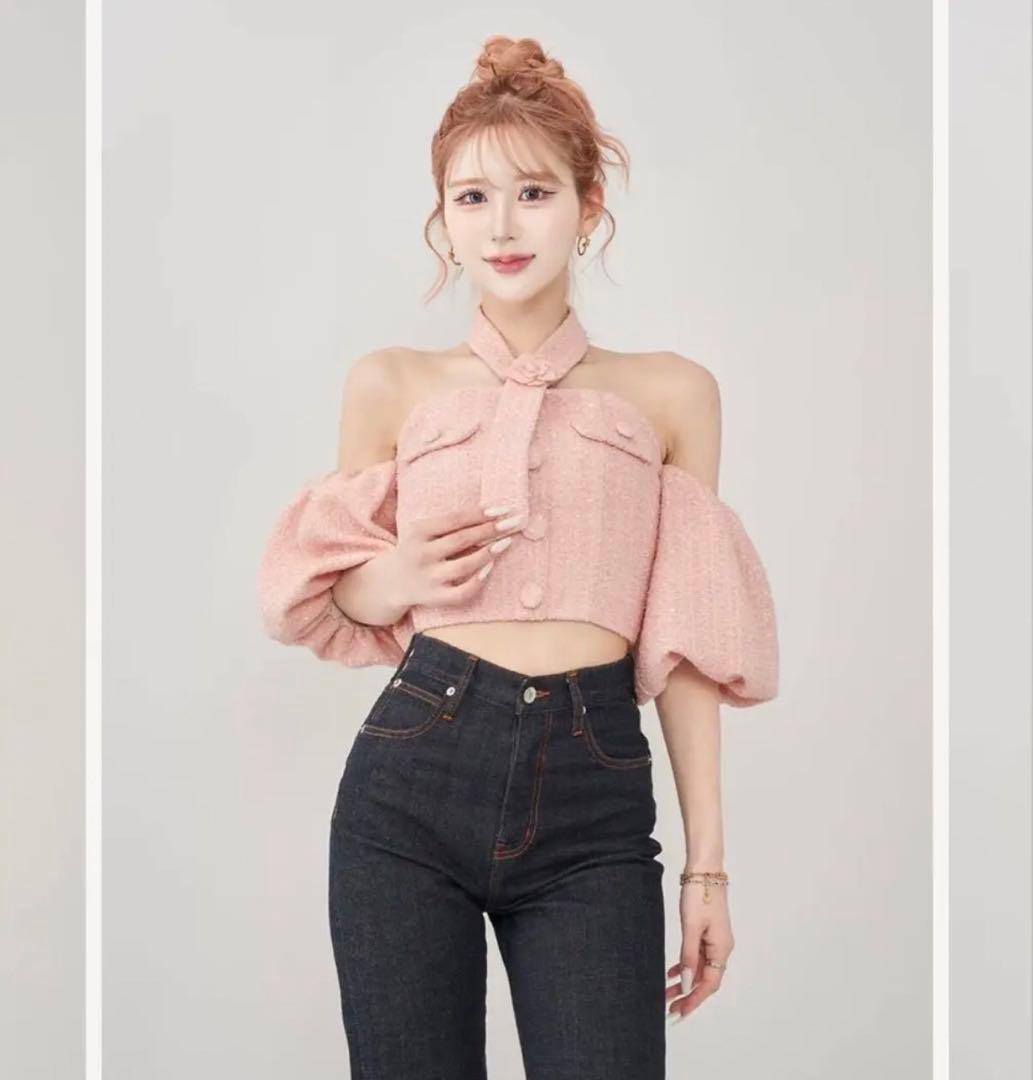 darich ホルターネックオフショルツイードトップス