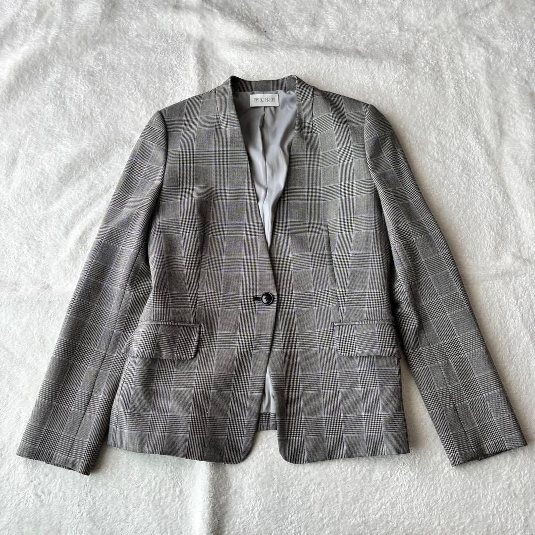 PLST プラステ チェック柄 セットアップ スーツ グレー M ノーカラー