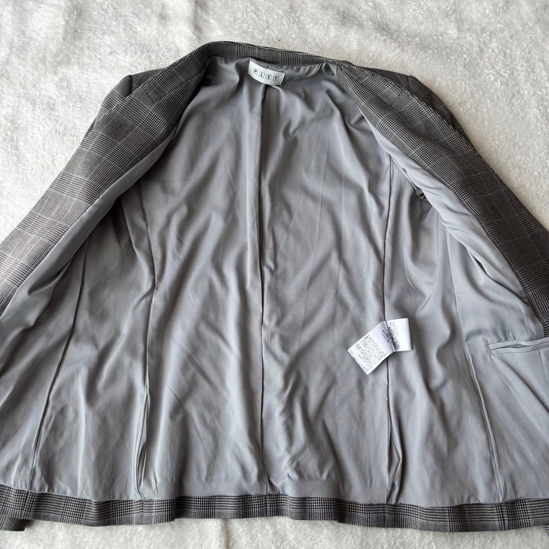 PLST プラステ チェック柄 セットアップ スーツ グレー M ノーカラー