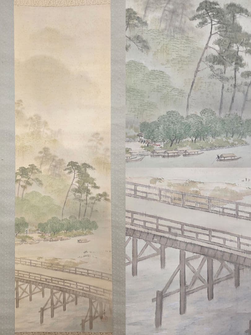 【嵐峡渡月橋図】広田百豊 1019 肉筆 掛け軸 京都嵐山