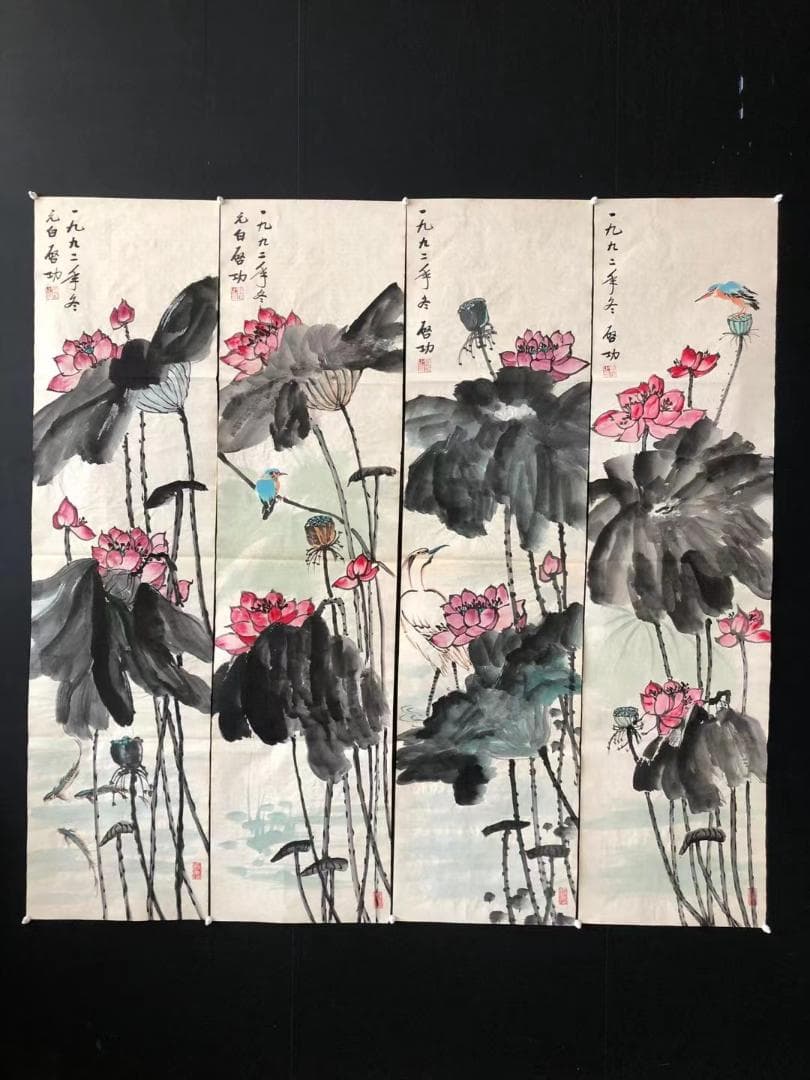 中国美術・純手描き四連花鳥蓮画芯・水墨画・啓功印款・肉筆・宣紙・茶道・国画・文房