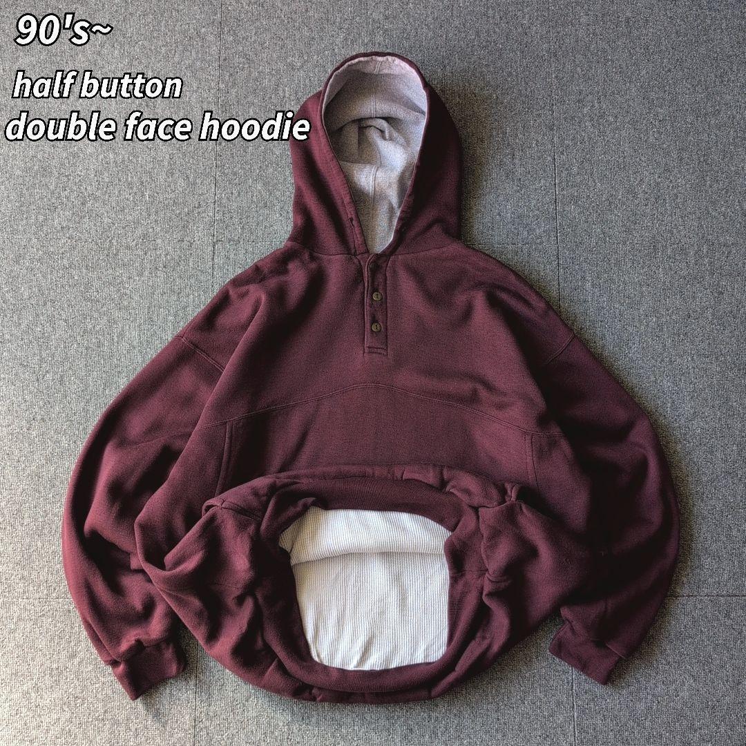 90s ダブルフェイス パーカー ハーフボタン サーマル 古着 XL オールド 古着 90s USA製 Russell Wフェイス フード ハーフボタン プルオーバー