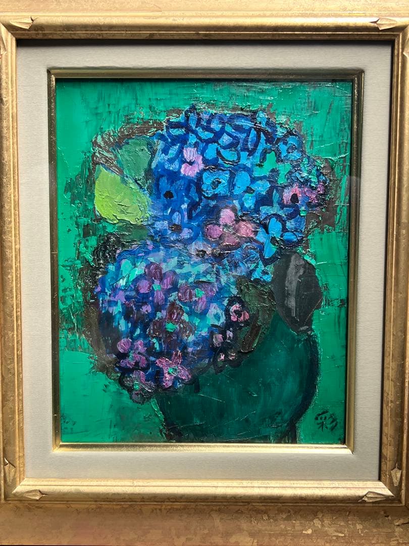 真作 織田彩子「紫陽花」 油彩 肉筆 F3号