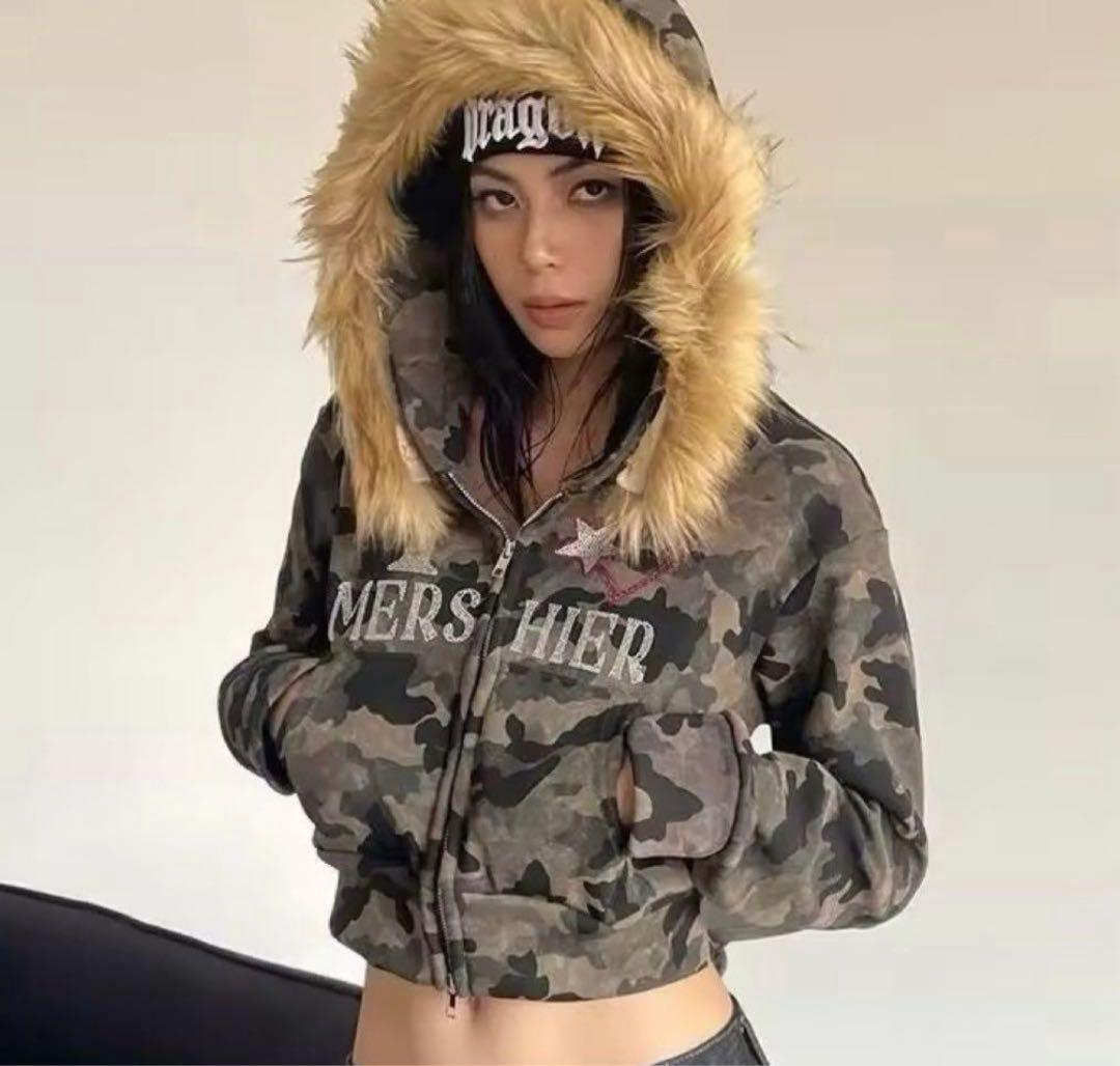 迷彩柄ファー付きパーカー ジャケット カモフラ 韓国 クロップド