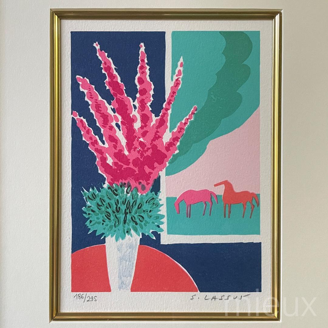Serge Lassus セルジュラシス「花と馬」リトグラフ サイン 中古 美品