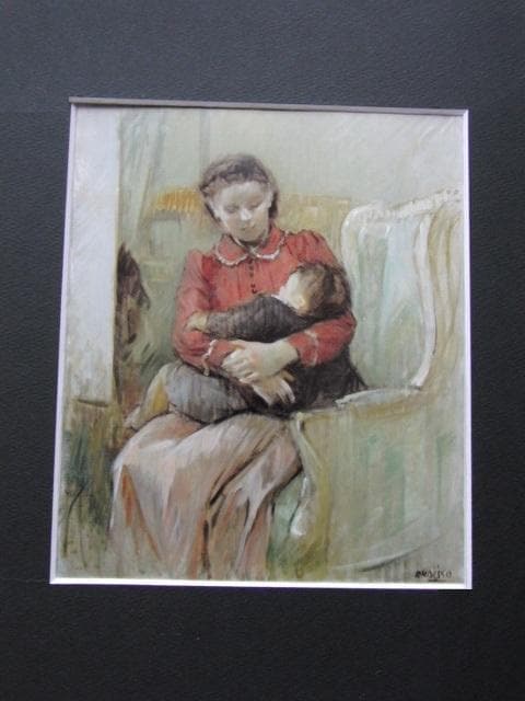 小磯良平、【子を抱く女】、希少な大判額装用画集より、美品、新品額装付