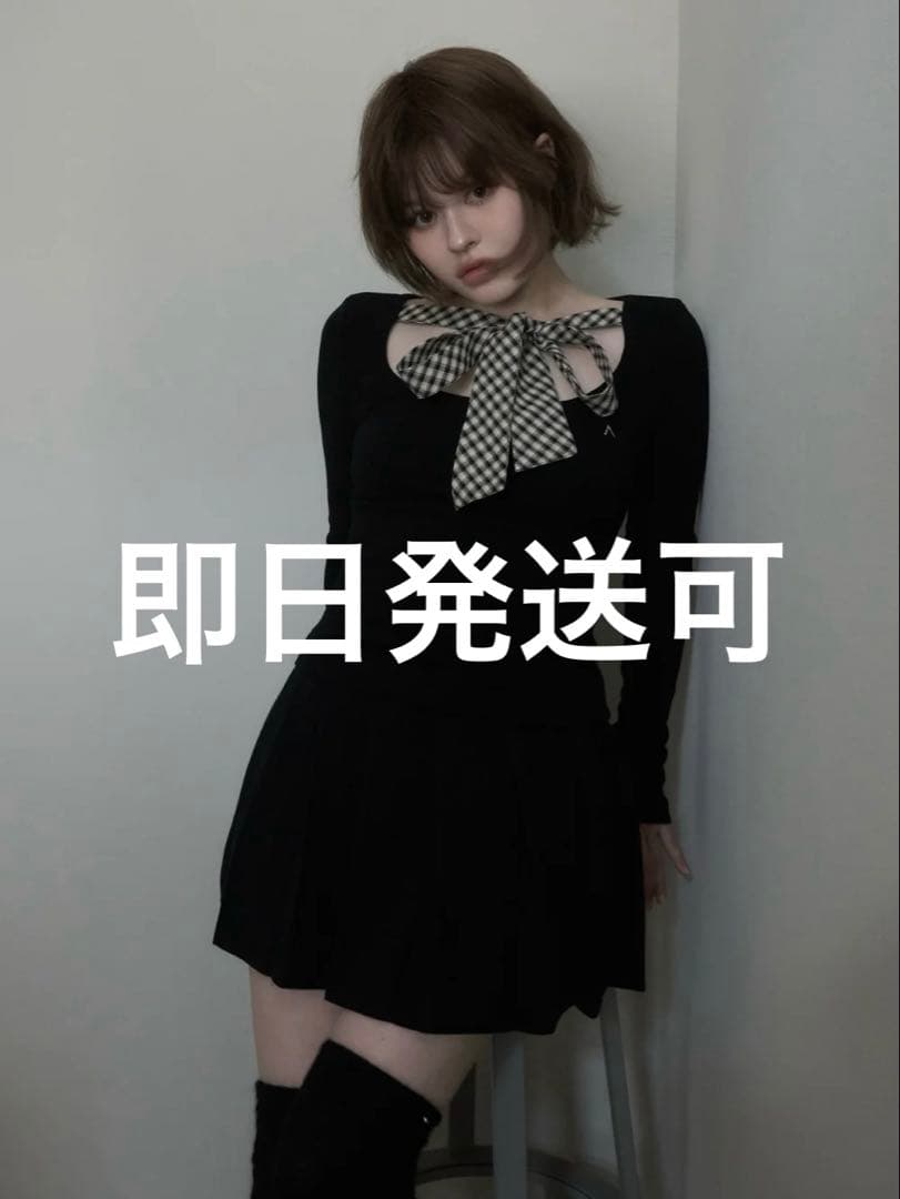 トップス andmary Ami ribbon check tops black ANDMARY】Ami ribbon check tops