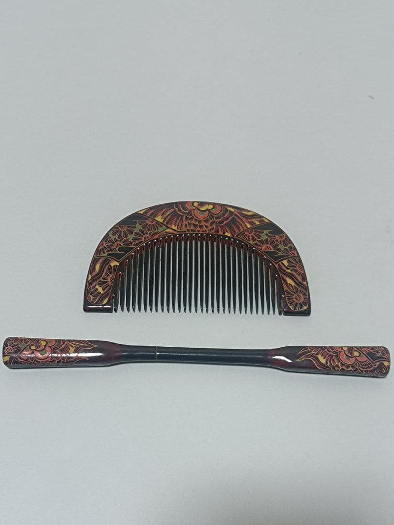 漆塗り花柄櫛とこうがいセット