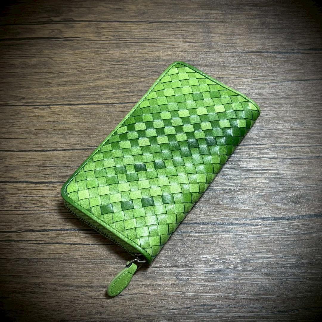 シープスキン イントレチャート 長財布 編み込み 大容量 羊革 グリーン 緑