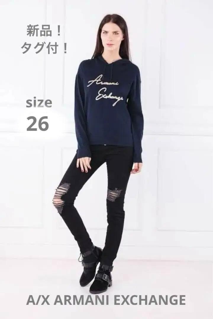新品タグ付✨❤️アルマーニエクスチェンジ❤️ダメージスキニーブラックデニム 26 黒