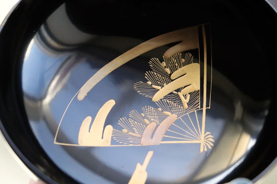 CG54 輪島塗 木製漆器 扇面金蒔絵 黒塗銘々木皿 九客 / 松取皿茶懐石