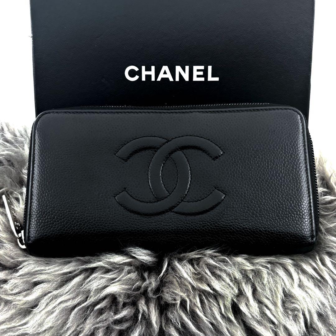 【極美品✨新型】シャネル 長財布 ココステッチ キャビア ラウンドジップ 黒