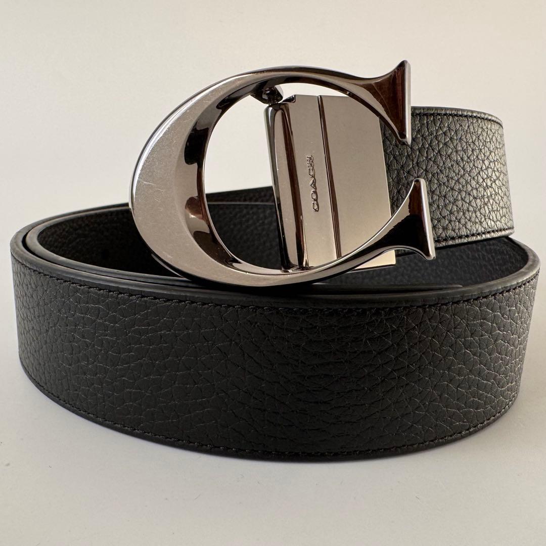 【極美品】コーチ シグネチャー リバーシブル ベルト メンズ　シボ革 黒　グレー