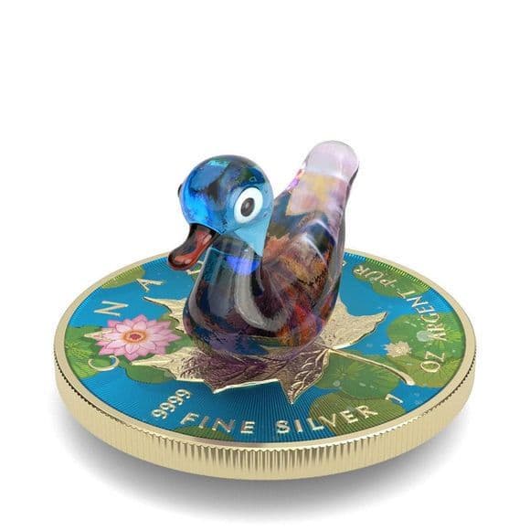 新品　1オンス カナダ ムラノグラス・メイプルリーフ：アオクビアヒル 銀貨 74660