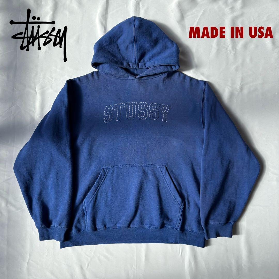 OLD STUSSY USA製 ステューシー ブルー ロゴ パーカー XL