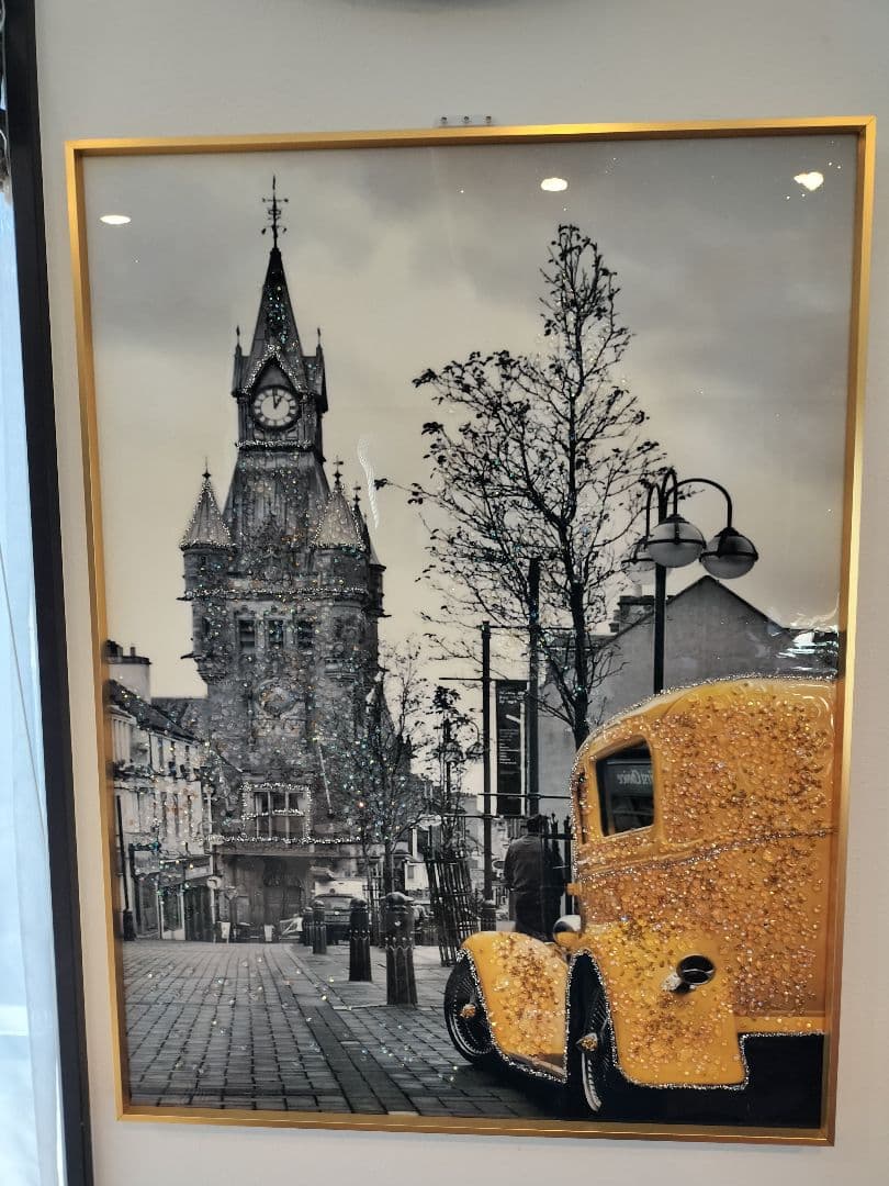 水晶アートパネル　水晶画　寺院と車