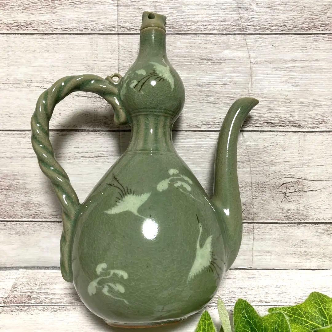 未使用 骨董品 高麗青磁 石峰 雲鶴文 水差し 水柱 高麗意 韓国陶器