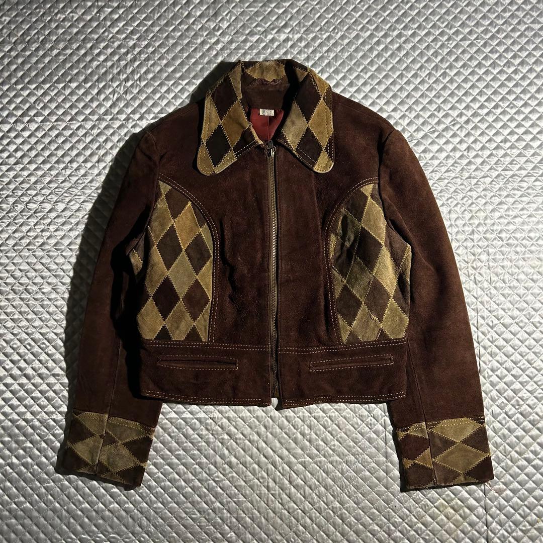 60s~ VINTAGE USA スエードジャケット ハーレクイン ダイヤ 短丈 古着 60年代 Bond スエードレザージャケット USA製 レディースS相当