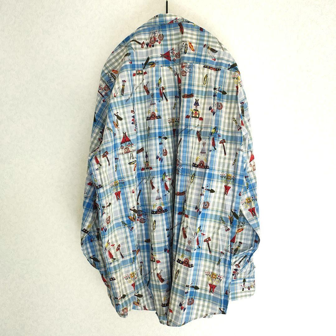 Papas パパス ネイティブ柄 総柄 チェックシャツ M ゆったりサイズ
