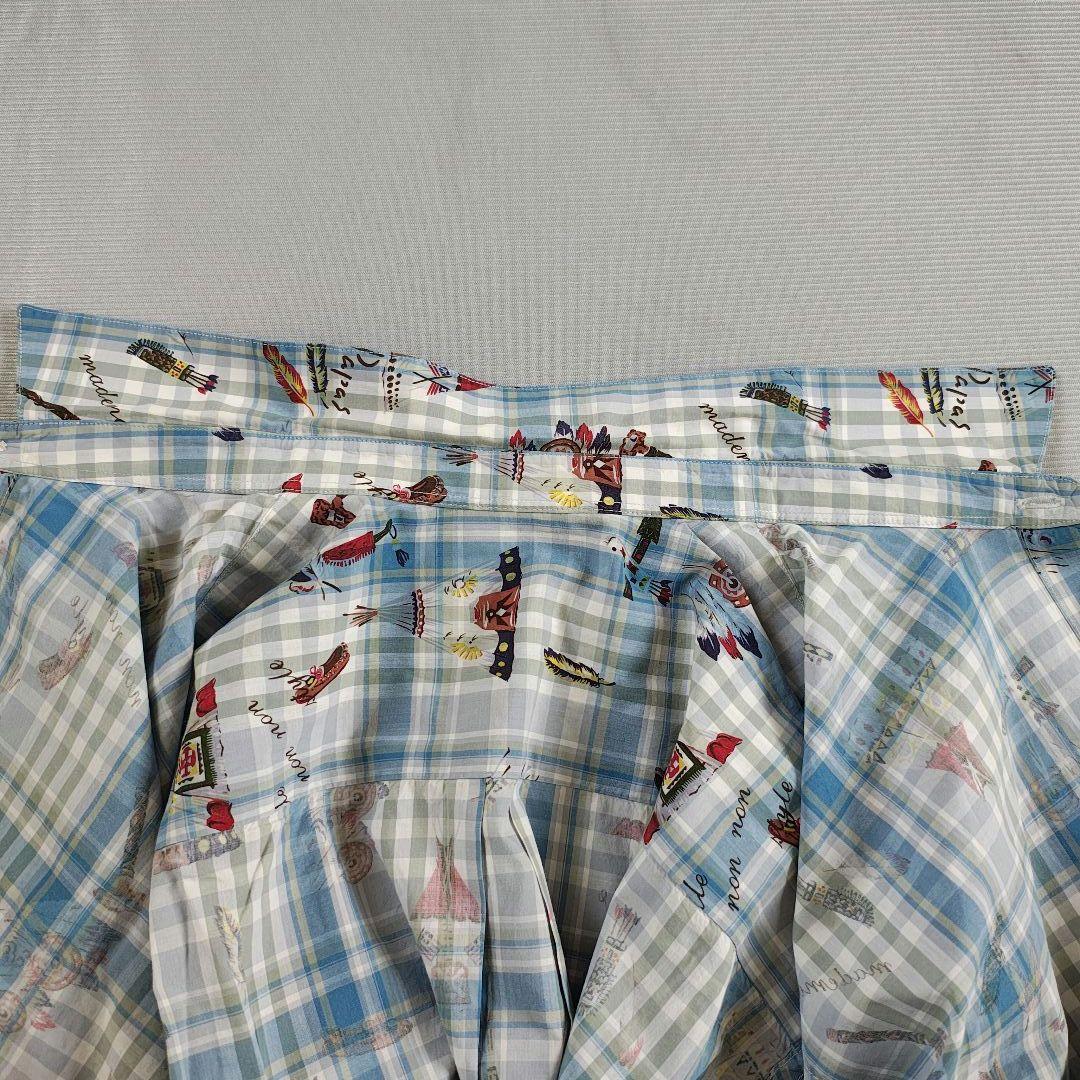 Papas パパス ネイティブ柄 総柄 チェックシャツ M ゆったりサイズ