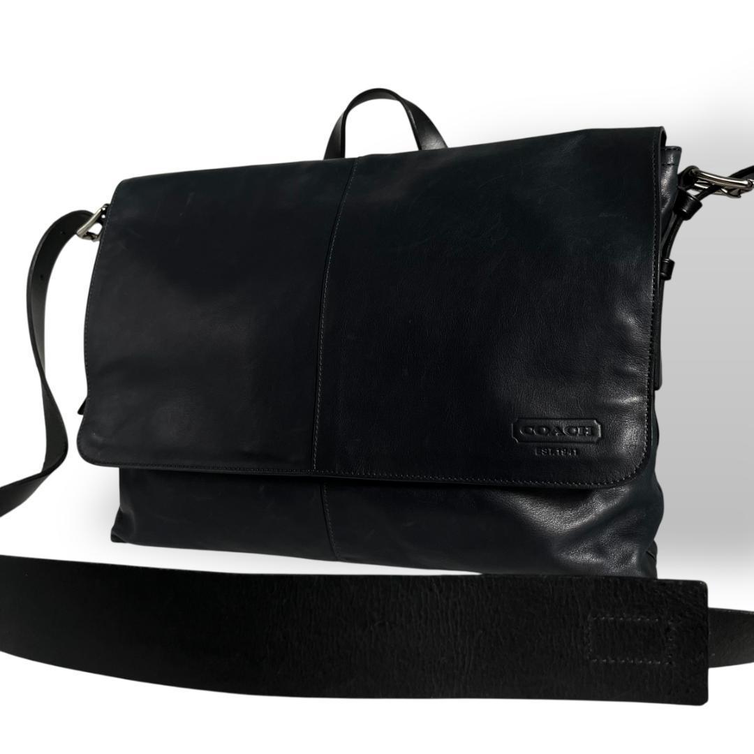 COACH トンプソン レザー メッセンジャーバッグ ショルダーバッグ ネイビー