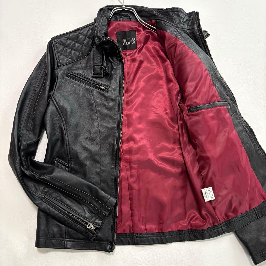 メンズビギ[羊革 キルティング レッド]ライダースジャケット Lサイズ ブラック