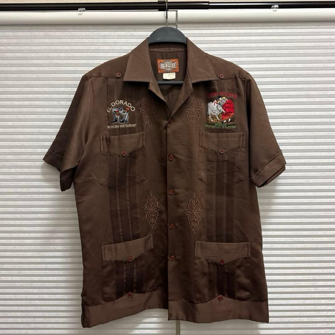 80s 90s 刺繍入り キューバシャツ ブラウン サテン