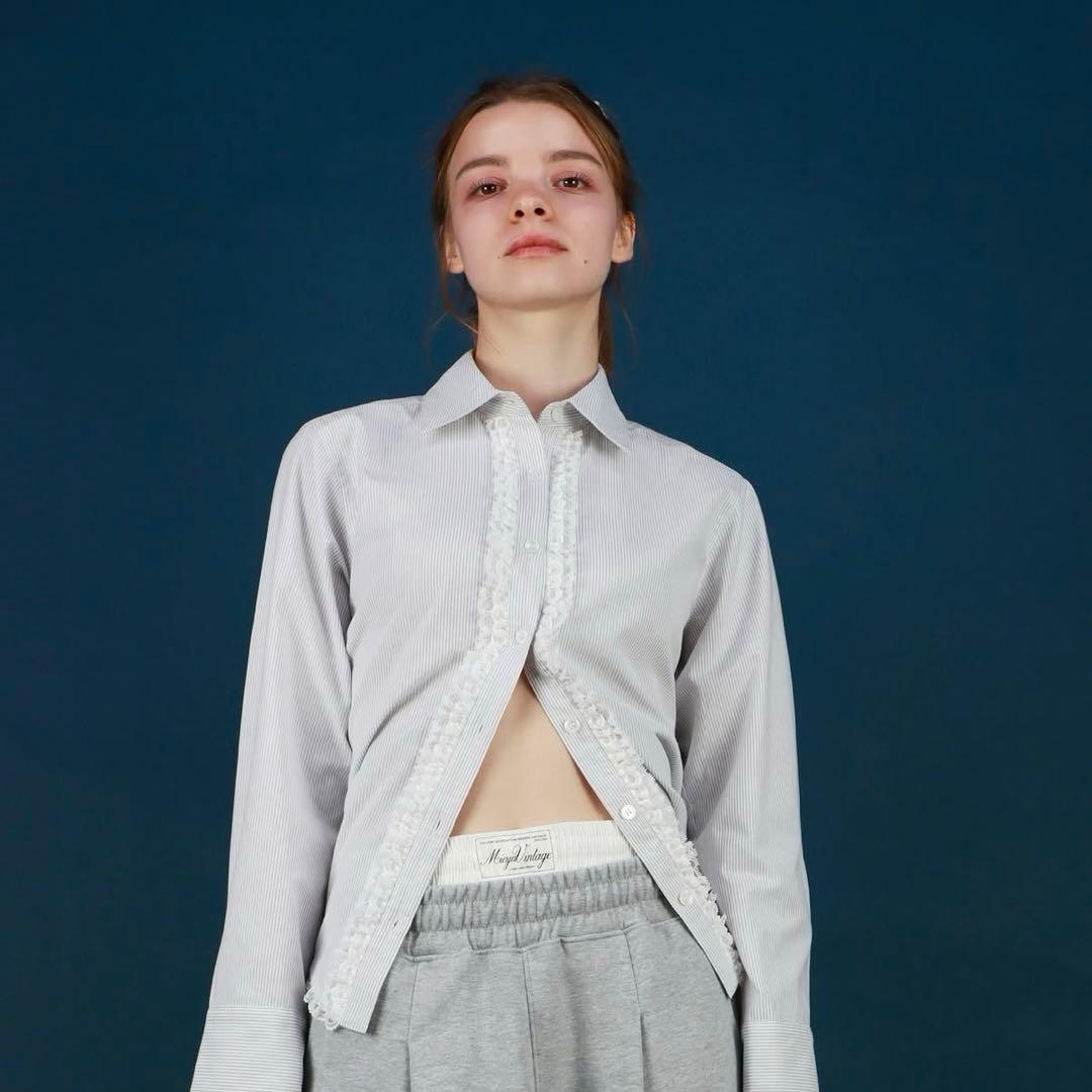 トップス mieya mieya LACETRIMSHIRTBLOUSE stripe