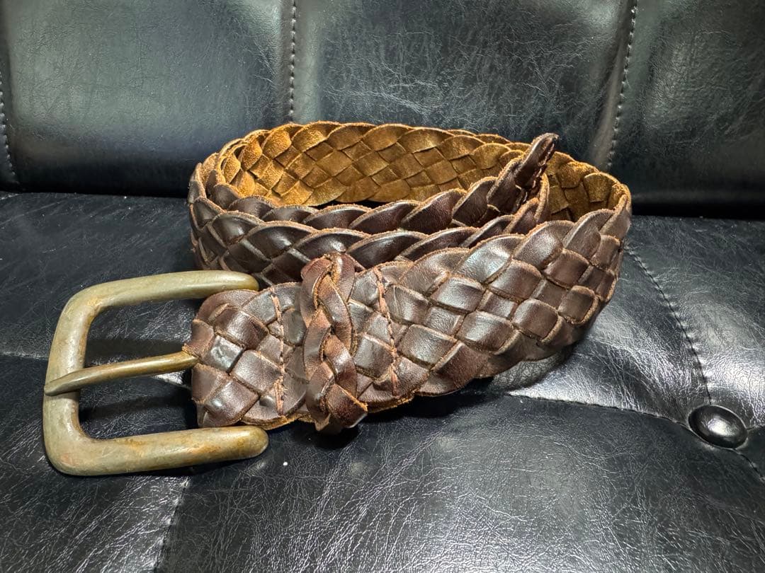 HTC ダークブラウン 編み込みレザー ベルト 34