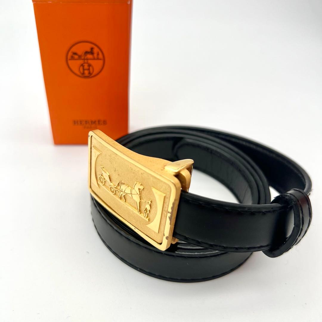 美品✨ 新品ベルト エルメス 馬車ロゴ ベルト ゴールド ブラック