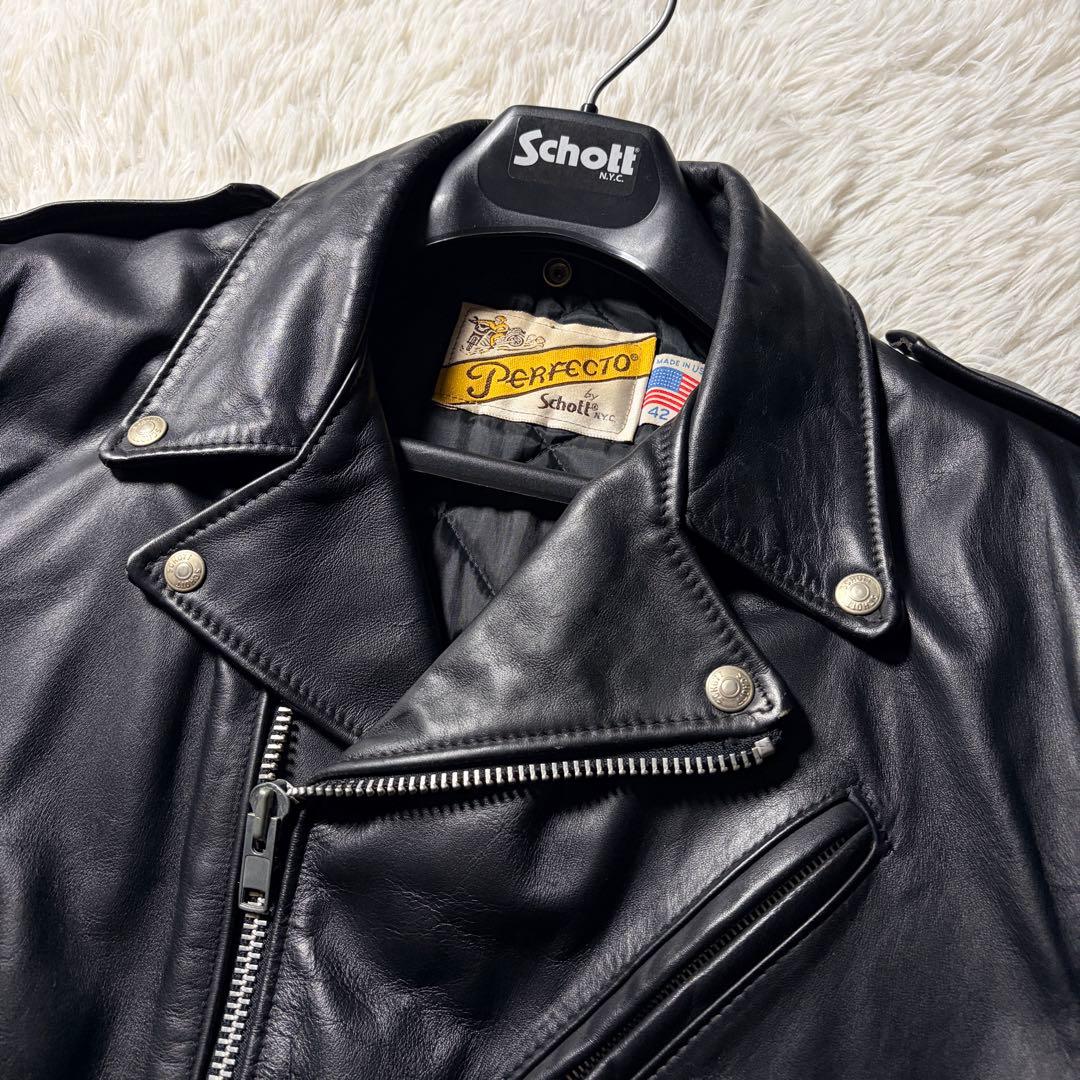 美品/42サイズ□Schott ライダースジャケット ダブル 118 黒 本革