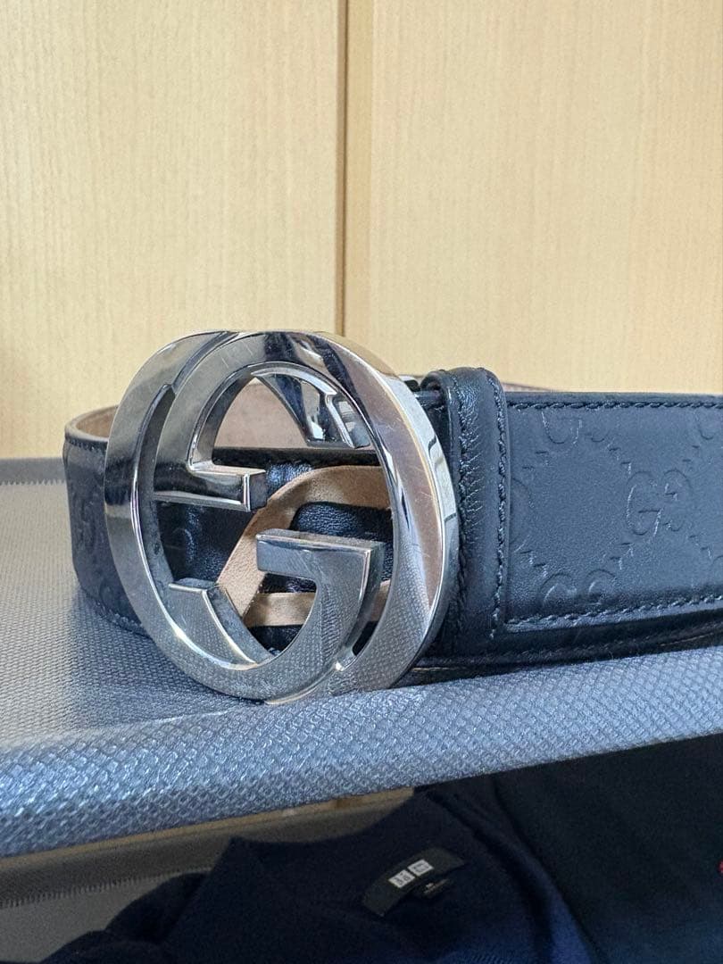 【美品】GUCCI グッチ ベルトブラック GG柄 インターロッキング メンズ