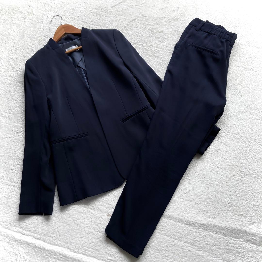 美品 PLST パンツスーツセットアップ 洗える ストレッチ 濃紺色 M