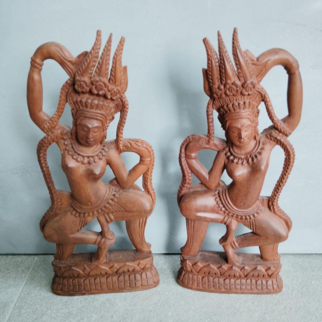 カンボジア アプサラ2体セット 木彫り アジア工芸品 縁起物 - メルカリ