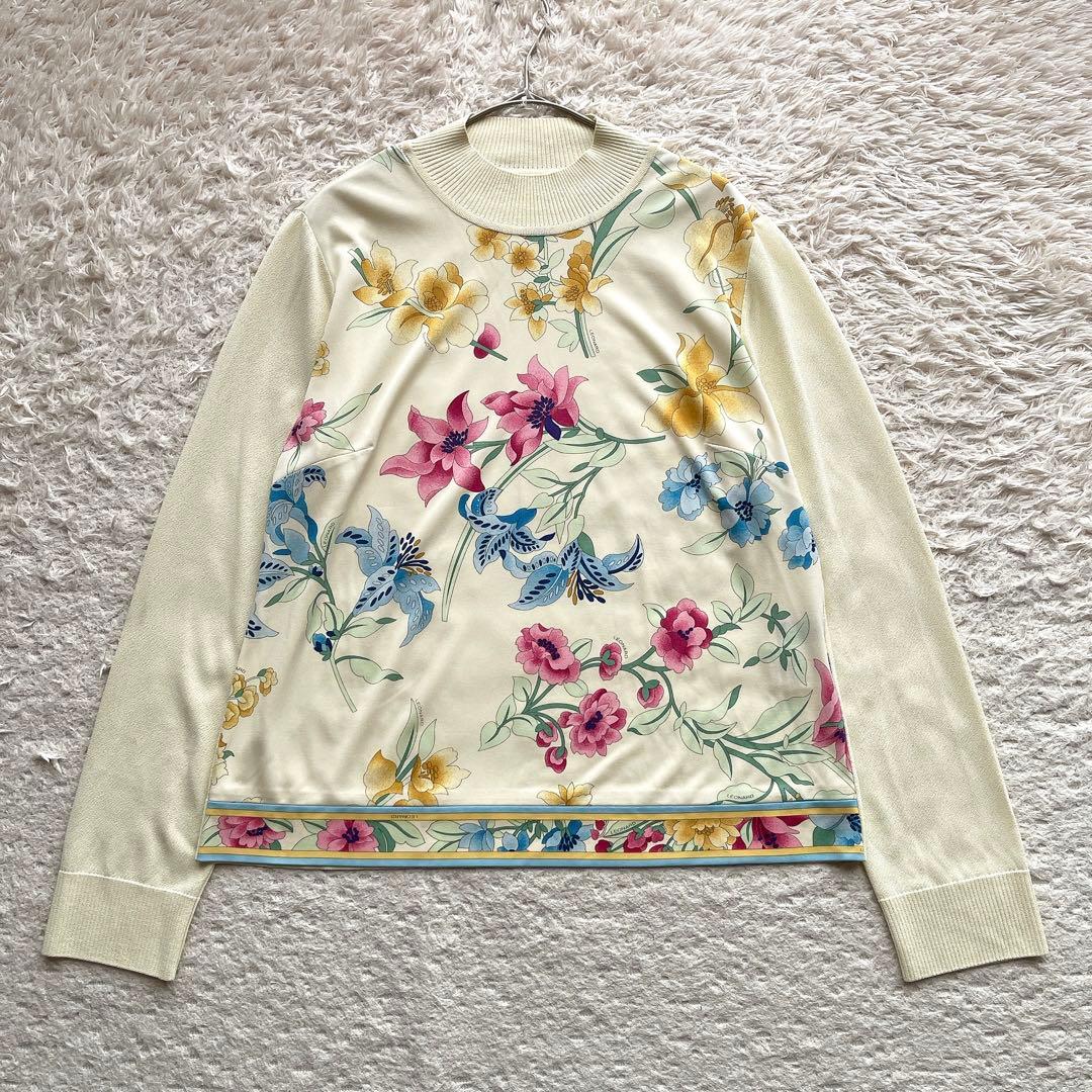 美品【大きいサイズ42】レオナール サマーニット 花柄 トリム 異素材切り替え