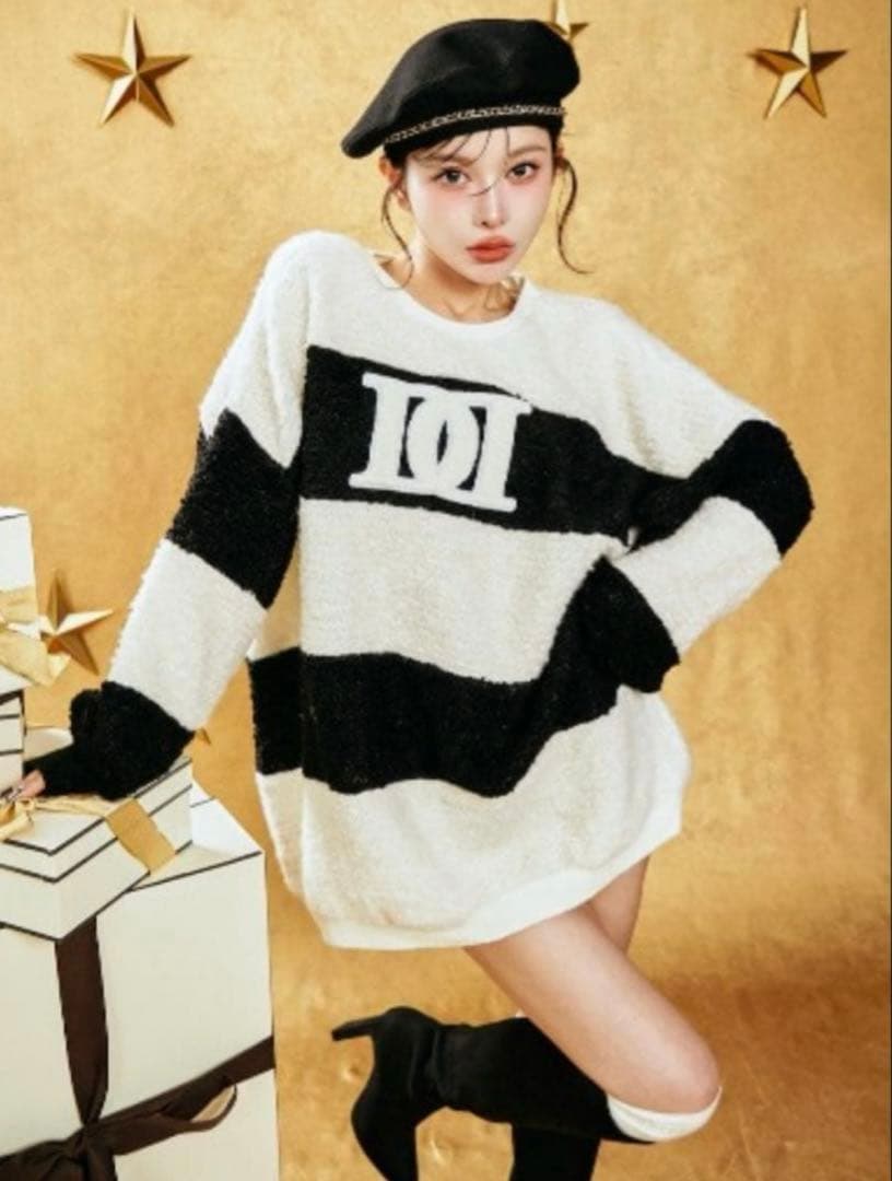 Darich アップリケブークレトップス　白黒ボーダーニット　スウェット