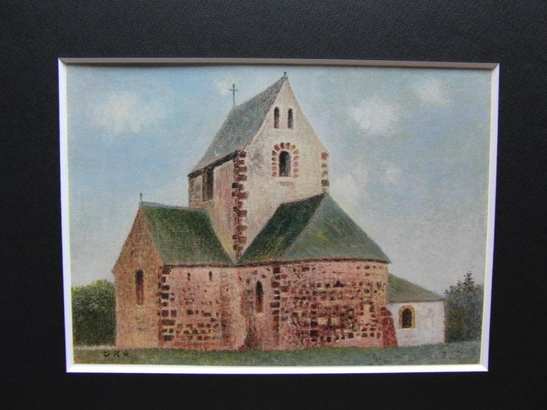 岡 鹿之助、「村の礼拝堂」、希少画集・額装画、日本製・新品額縁にて額装致します