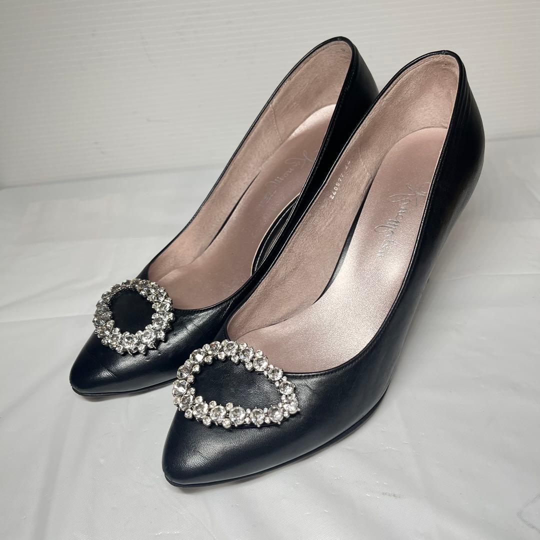 良品】銀座かねまつ ビジュー パンプス レザー ポインテッドトゥ 美脚