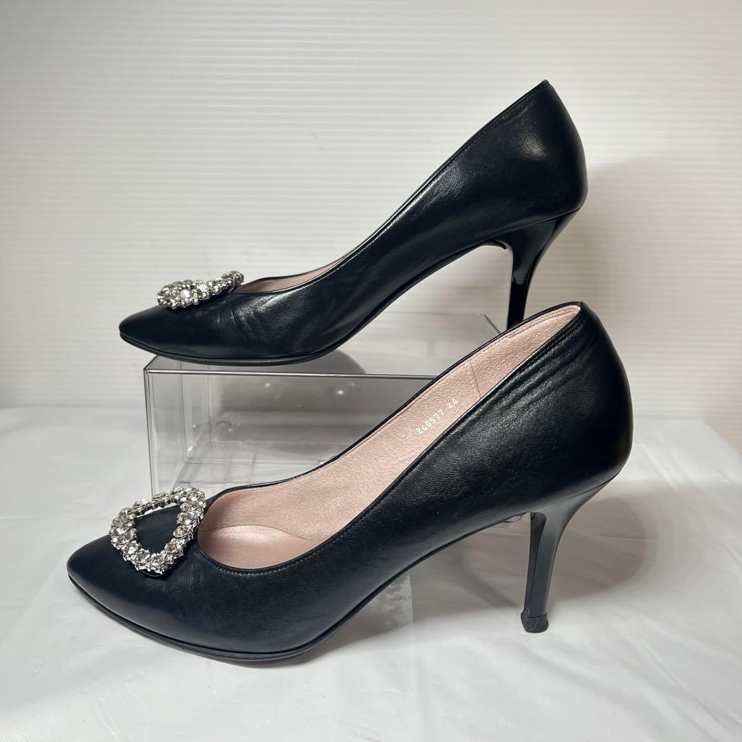 良品】銀座かねまつ ビジュー パンプス レザー ポインテッドトゥ 美脚