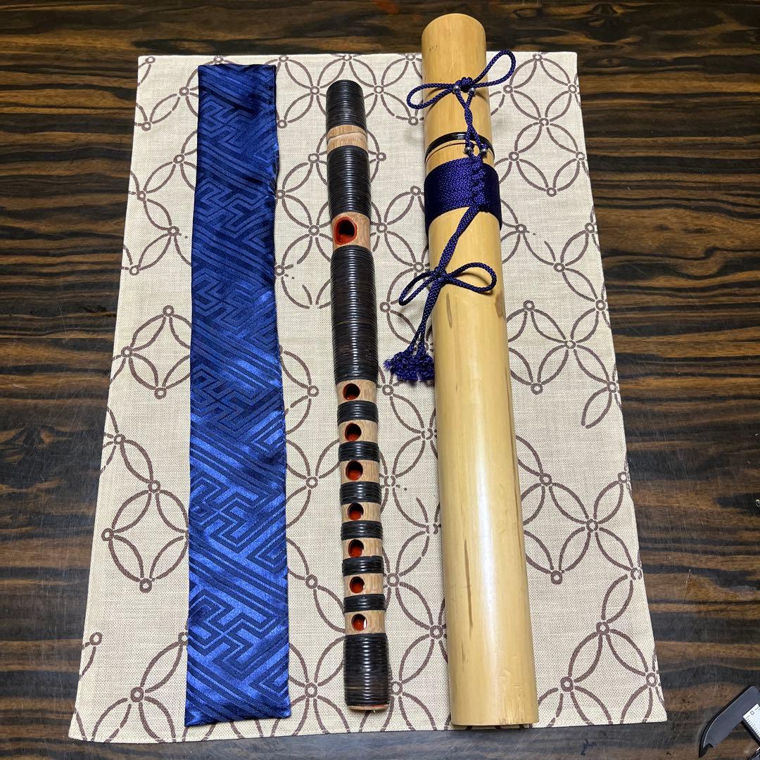 ③天然煤竹　８割り管籐巻龍笛　ケース、笛袋付
