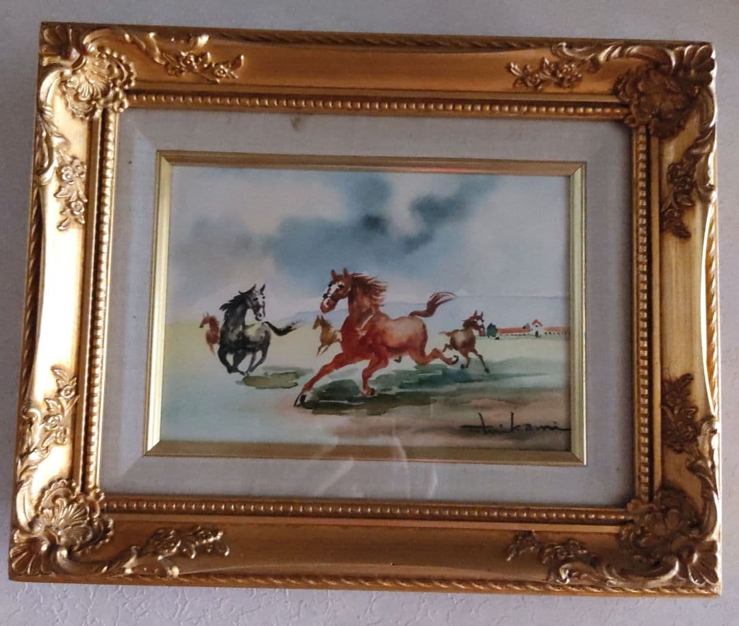 三上隆彦 馬 絵 金額縁 本物 馬の三く上 サラブレッド 競走馬