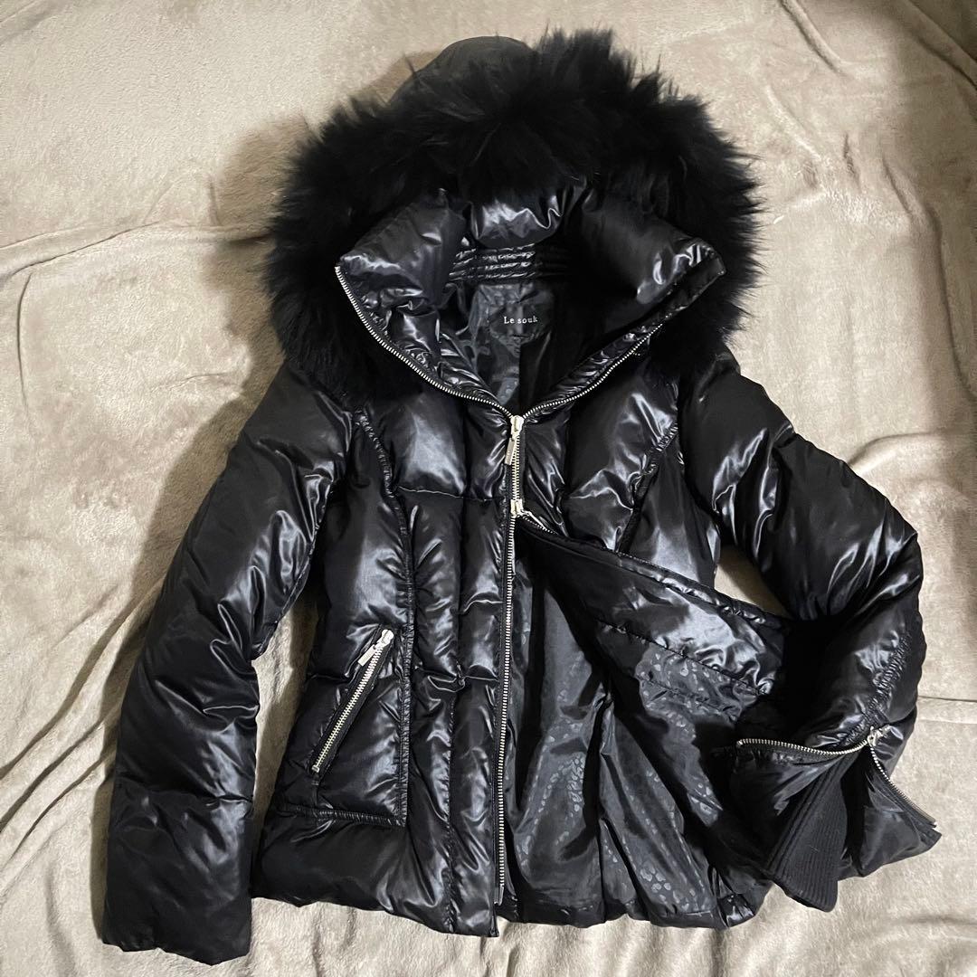 平成ギャル y2k　光沢　リアルファー付きダウン　黒　グランジ　パーカー　お兄系